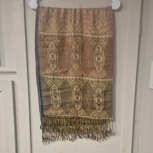 Elegant Patterned Fringe Scarf in Gold and Brown